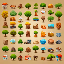 various objects placed in the shape of trees,a big bunch of cartoon objects that are on the ground