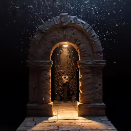 an arch is lit up by a light shining through it