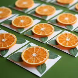 orange slices cut into leaves on cards with green leaves