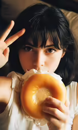 a woman with long hair eating a doughnut