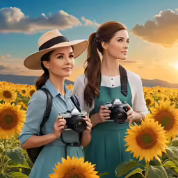two women with cameras in a sunflower field