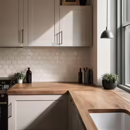 a kitchen with an island counter next to a window