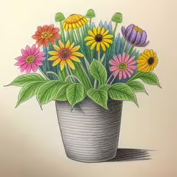 colorful flowers in a pot sitting on the ground,drawing of a potted plant with flowers in it,a drawing of some pretty flowers in a vase,the potted plant has been drawn with colored pencils,a drawing of a pot of flowers on a table