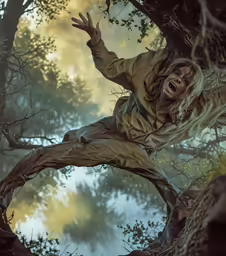 an evil creature reaching into a tree, with its mouth wide open