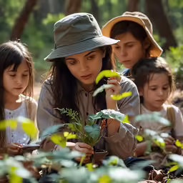 a girl holds a plant and is surrounded by other children