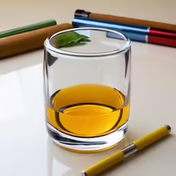 a glass filled with water and a green leaf