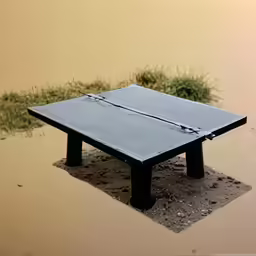 a piece of steel structure that is sitting in a water puddle
