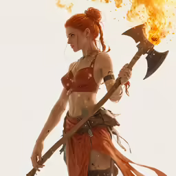 a red headed girl holding two spears