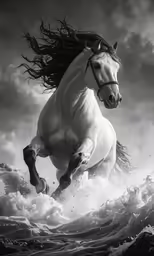 a horse galloping through the air and breaking through the water