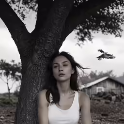 a woman stands next to a tree and looks up