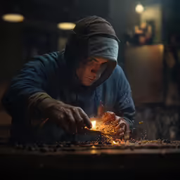 a person who is lighting a piece of metal