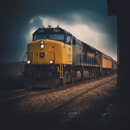 a yellow train traveling down tracks near a field
