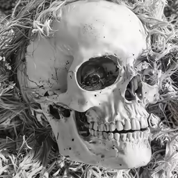 a spooked white skull with a half - moon eye is displayed
