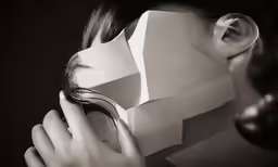 a woman holding up a piece of paper to her face with scissors