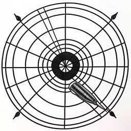 a small knife sitting inside of an archery target,an arrow is inside of an iron target,an object sitting on top of a white sheet of paper,a drawing of a pen and a target that is in a circle,an image of a dart with a target in it