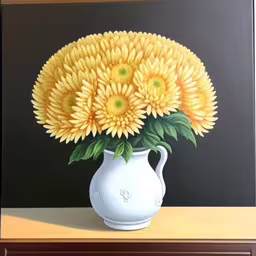 the painting depicts an image of flowers in a white vase,a painting of a vase holding yellow flowers