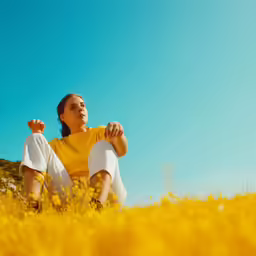 a woman sitting in the grass and looking up