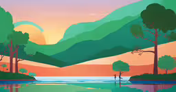 a painting of a sunset in the wilderness,a painting shows a man walking into a lake