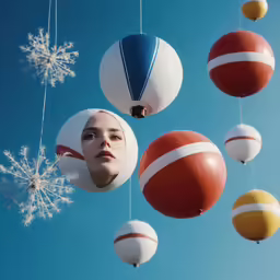 several different colored balls suspended from strings on a blue sky background