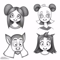 cartoon avatar faces drawn in pencil,four different faces of people with horns, ears, and nose