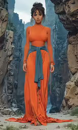 a woman standing in an orange and blue fashion