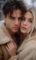 a beautiful blonde haired couple cuddle together in the snow