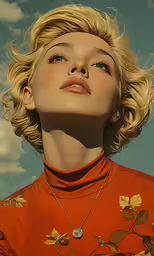 a woman with a necklace on looking up