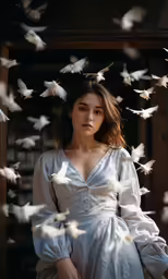 a woman with a white dress and birds around her