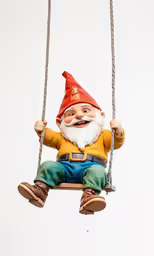 a garden gnome sitting on a swing