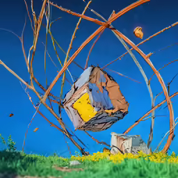 there is a broken piece of artwork in the middle of this photo