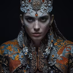 a man with face art, elaborately dressed and piercing eyes