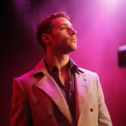 a male in a purple suit stands on stage