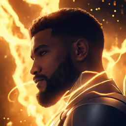 black man with dark hair and beard standing in front of a fire and ice background