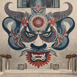 painting of a demon in the window next to a building