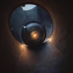 a lit - up hole in the concrete is a circular light fixture