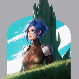 a girl with blue hair sitting outside next to an artificial plant