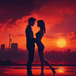 the couple is standing on the beach in front of an orange sunset,a silhouette of two people standing next to each other