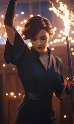 a woman is holding sparklers above her head