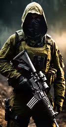 a soldier with his rifle and helmet on,a man holding a gun and standing on top of a hill