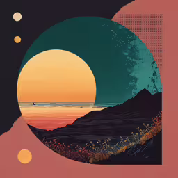 the sun sets as it shines over an abstract landscape,a photo with a sunset and a person with a surfboard on the ocean in the distance