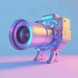 a metallic camera lens attached to a small tripod