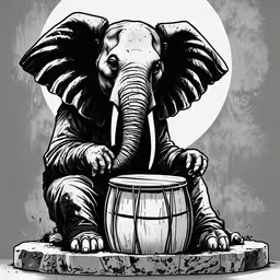 an elephant sitting on a barrel next to the moon,an elephant with its trunk on the barrel