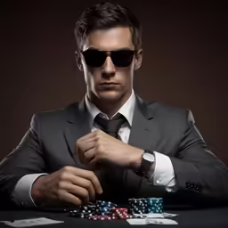 man in suit playing cards while wearing shades