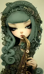 a woman with long green hair playing a saxophone