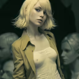 a woman with blond hair poses for a photograph