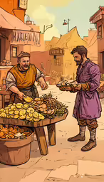 two men in old times clothing are looking at a display of food