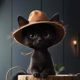 a black cat with brown hat and string on top of the fence