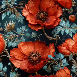 a bunch of red flowers are on a blue surface