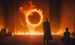 man standing in front of a large round sculpture with yellow flames around it