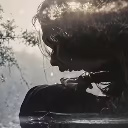 a woman sitting on top of a bench next to a tree